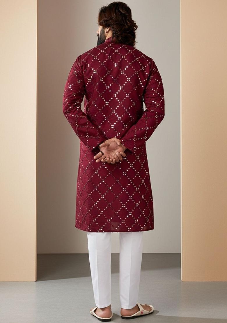 Maroon Embroidered Polyester Kurta Set For Men - Indya