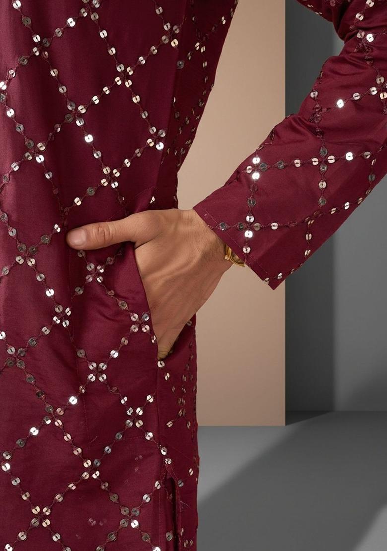 Maroon Embroidered Polyester Kurta Set For Men - Indya