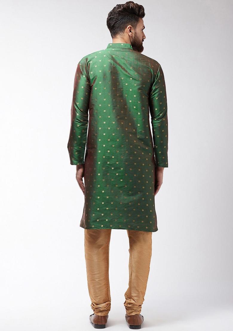 Green Self Design Silk Kurta Set For Men - Indya