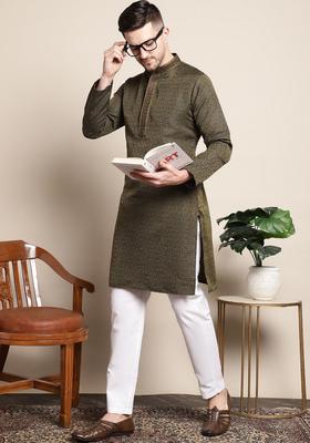 Olive Woven Design Silk Kurta Set For Men