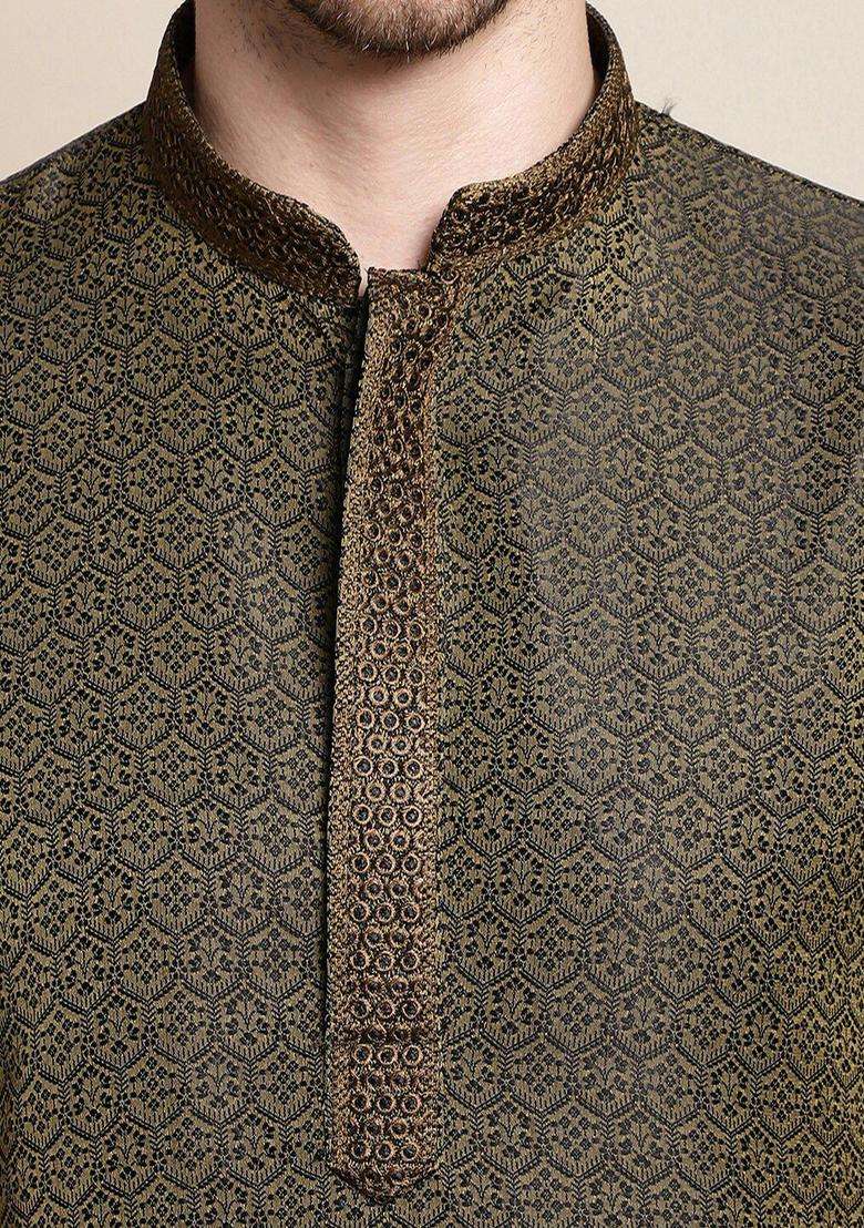 Olive Woven Design Silk Kurta Set For Men - Indya