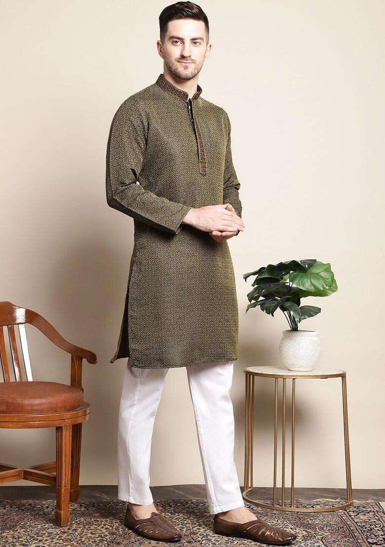 Olive Woven Design Silk Kurta Set For Men - Indya