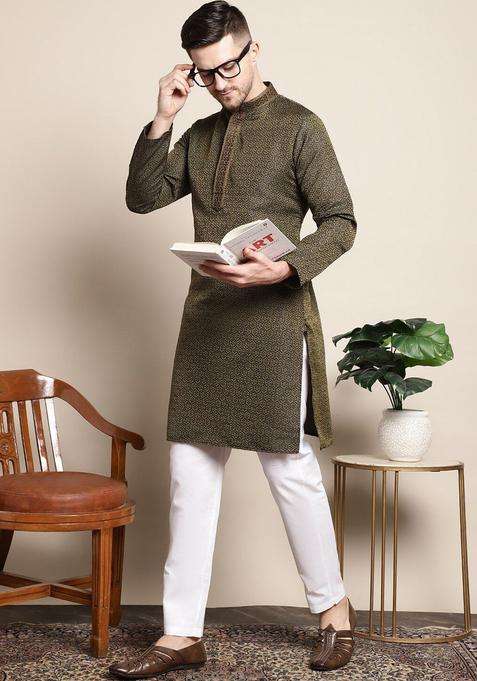 Olive Woven Design Silk Kurta Set For Men