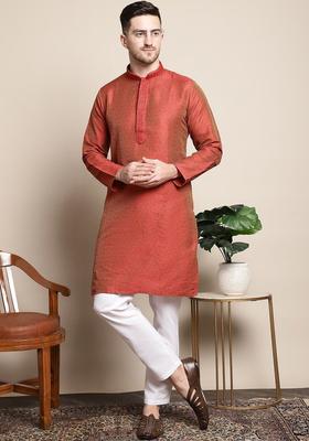 Red Woven Design Silk Kurta Set For Men
