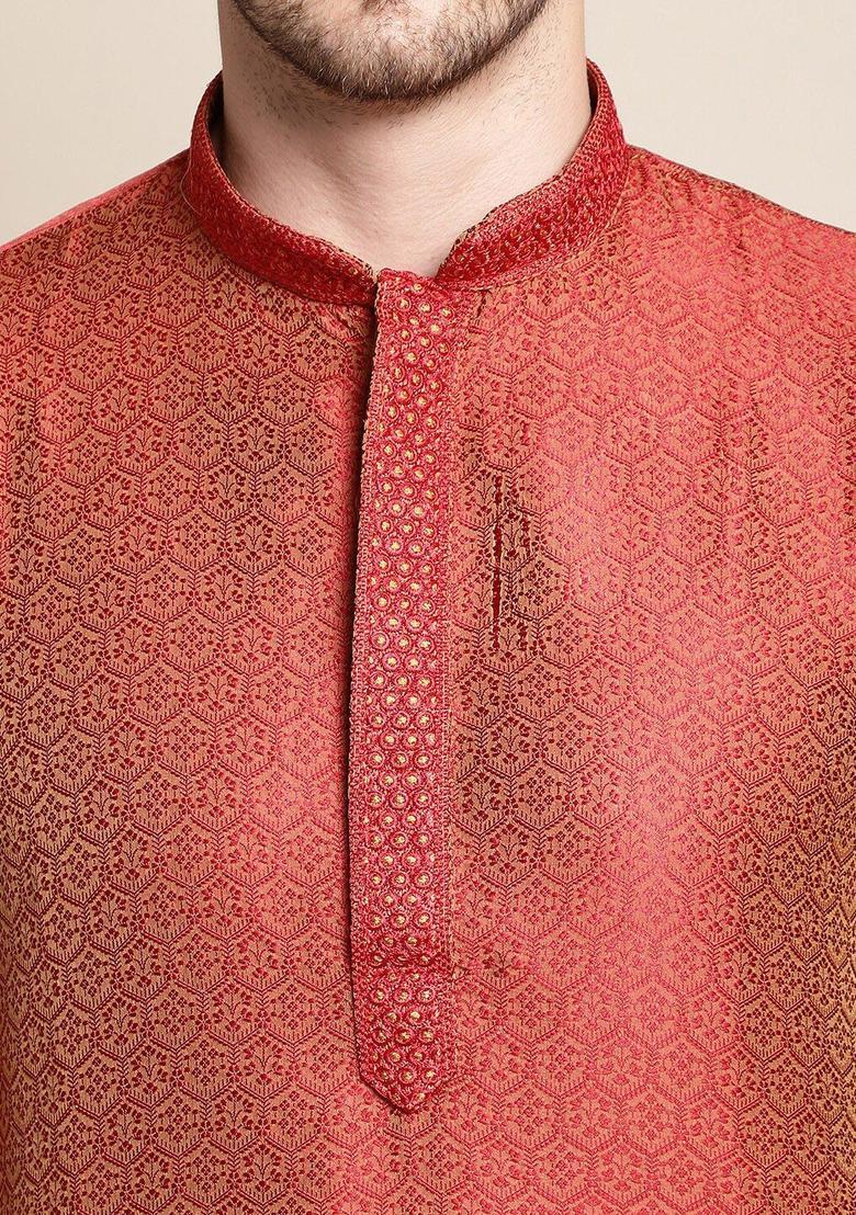 Red Woven Design Silk Kurta Set For Men - Indya