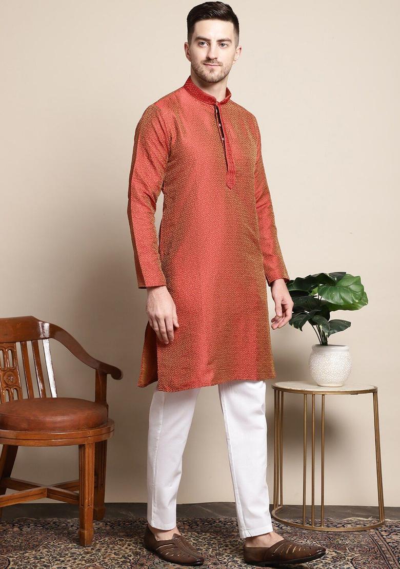 Red Woven Design Silk Kurta Set For Men - Indya