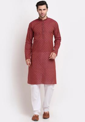 Red Printed Cotton Kurta Set For Men