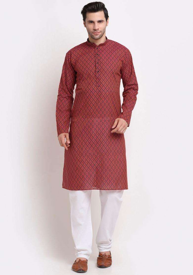 Red Printed Cotton Kurta Set For Men - Indya