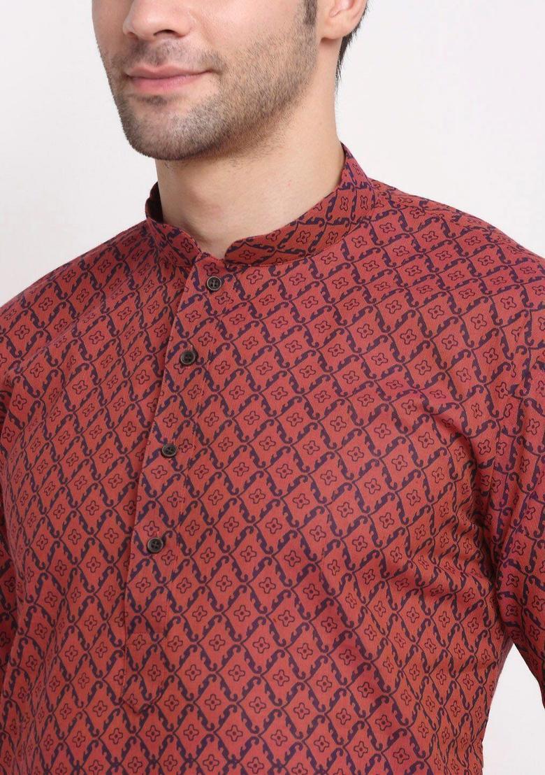 Red Printed Cotton Kurta Set For Men - Indya