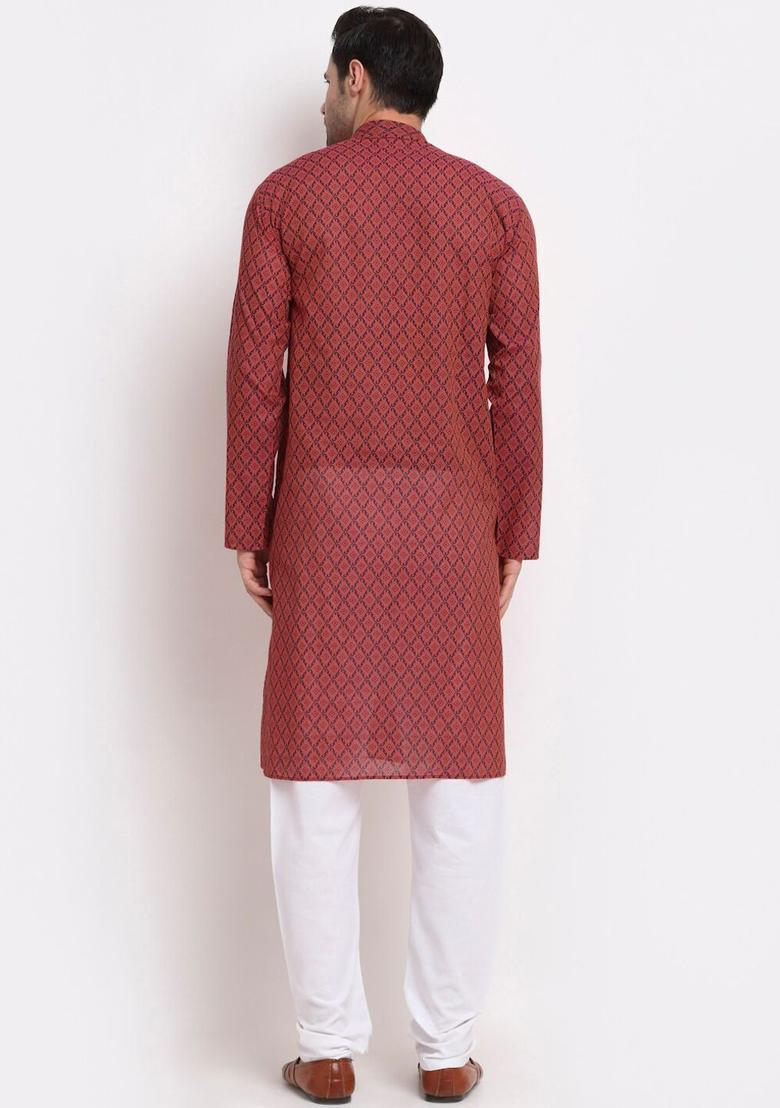 Red Printed Cotton Kurta Set For Men - Indya