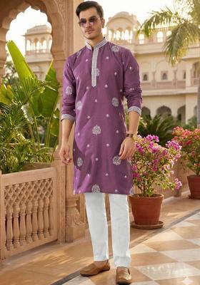 Purple Embroidered Cotton Kurta Set For Men