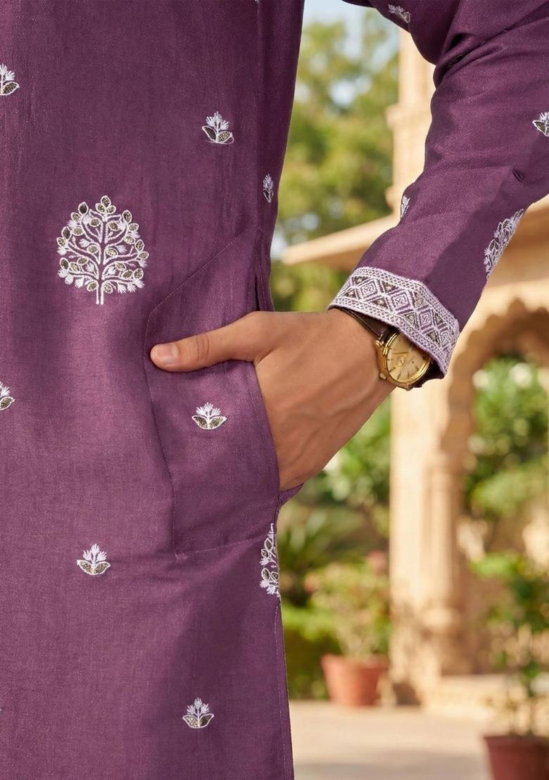 Purple Embroidered Cotton Kurta Set For Men - Indya