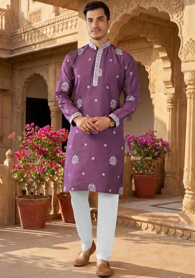 Purple Embroidered Cotton Kurta Set For Men - Indya