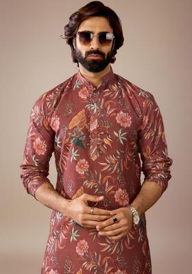 Brown Printed Cotton Kurta Set For Men