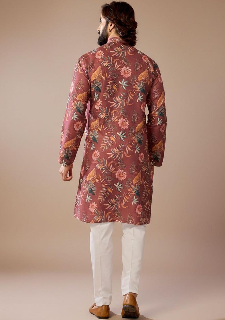 Brown Printed Cotton Kurta Set For Men - Indya