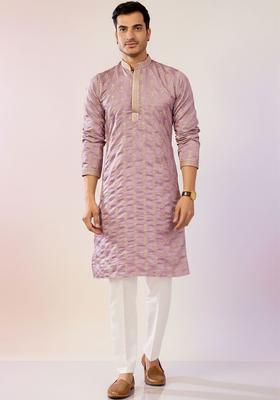Purple Embroidered Cotton Kurta Set For Men