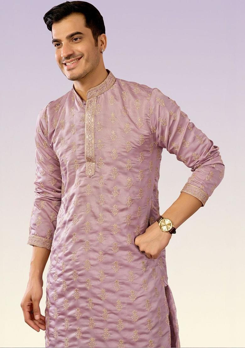 Purple Embroidered Cotton Kurta Set For Men - Indya