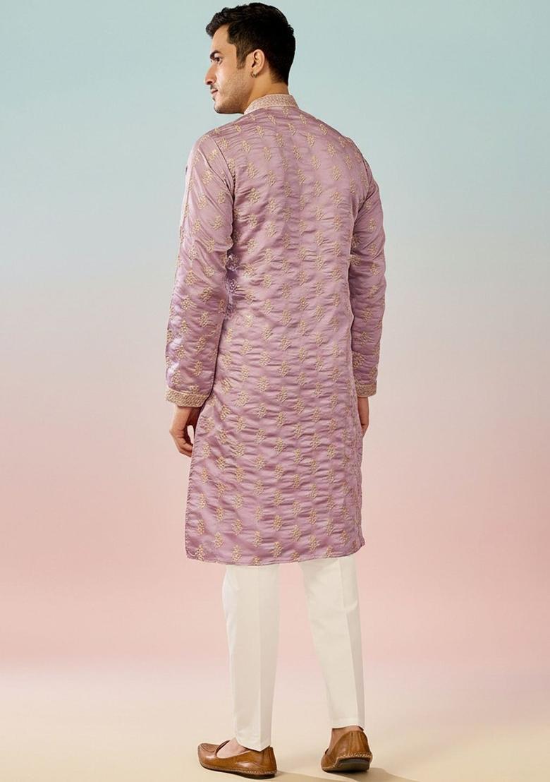 Purple Embroidered Cotton Kurta Set For Men - Indya