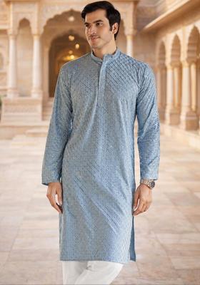 Blue Woven Design Viscose Kurta Set For Men