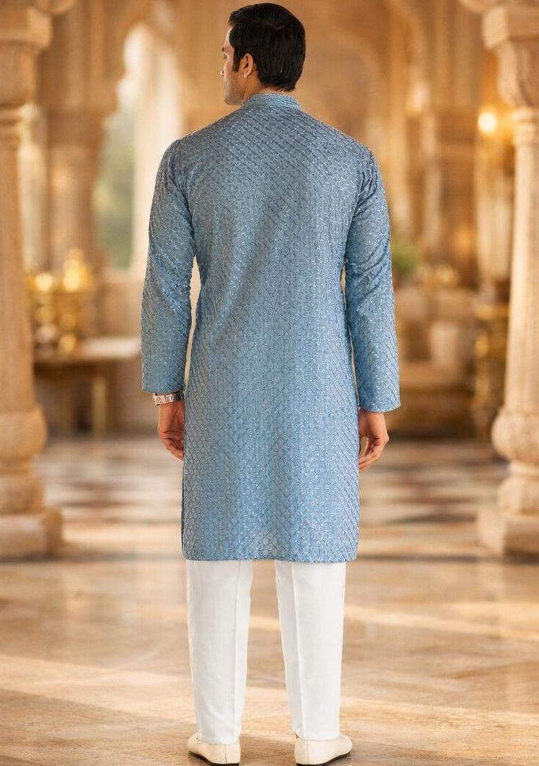 Blue Woven Design Viscose Kurta Set For Men - Indya