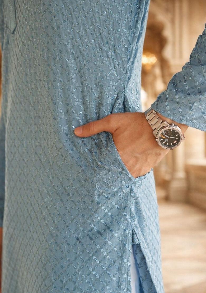 Blue Woven Design Viscose Kurta Set For Men - Indya