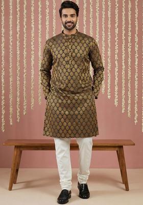 Black Woven Design Silk Kurta Set For Men