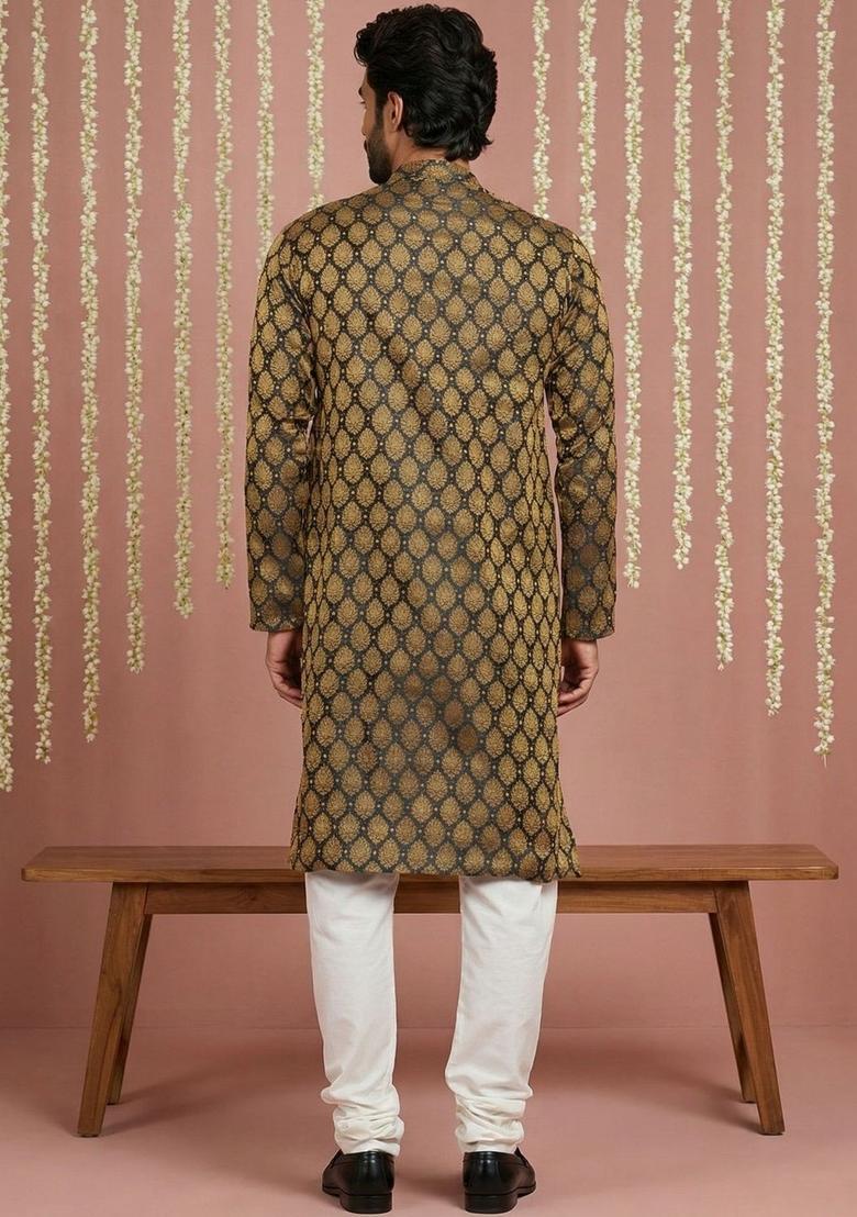 Black Woven Design Silk Kurta Set For Men - Indya