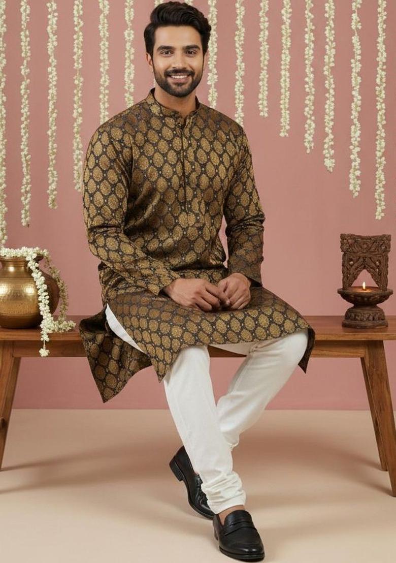 Black Woven Design Silk Kurta Set For Men - Indya