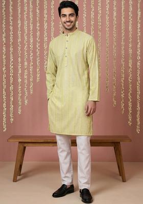 Yellow Printed Viscose Kurta Set For Men