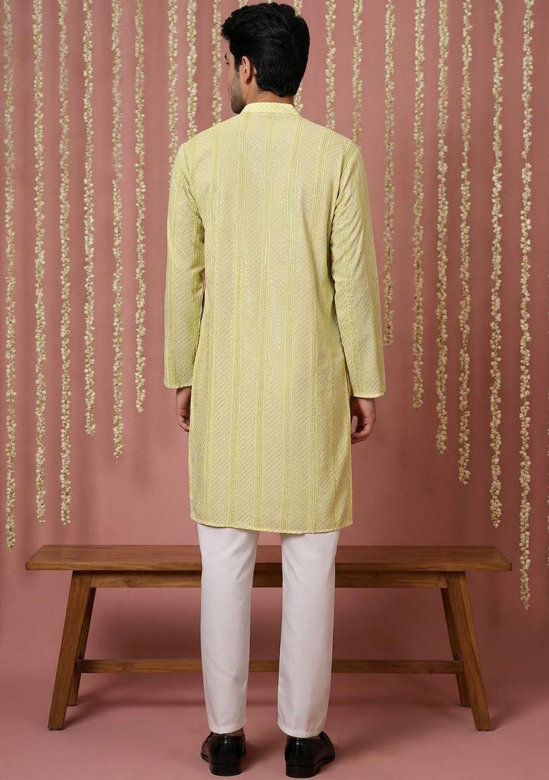 Yellow Printed Viscose Kurta Set For Men - Indya