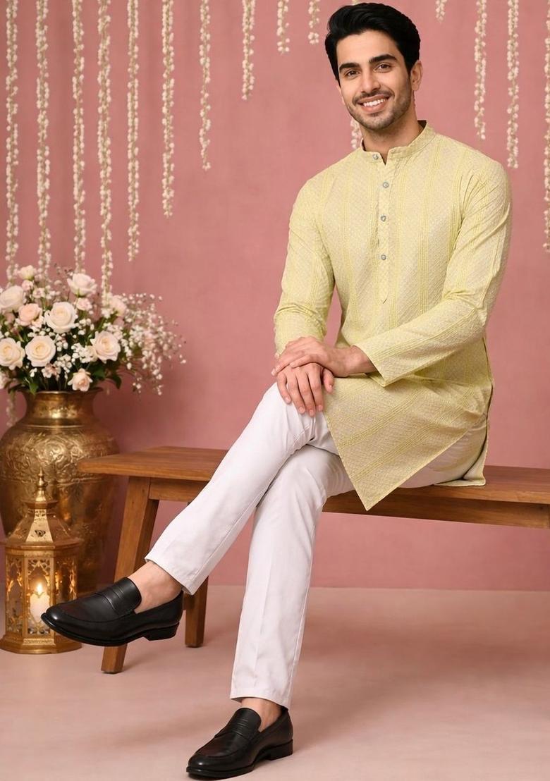 Yellow Printed Viscose Kurta Set For Men - Indya