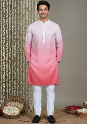 Pink Dyed Cotton Kurta Set For Men