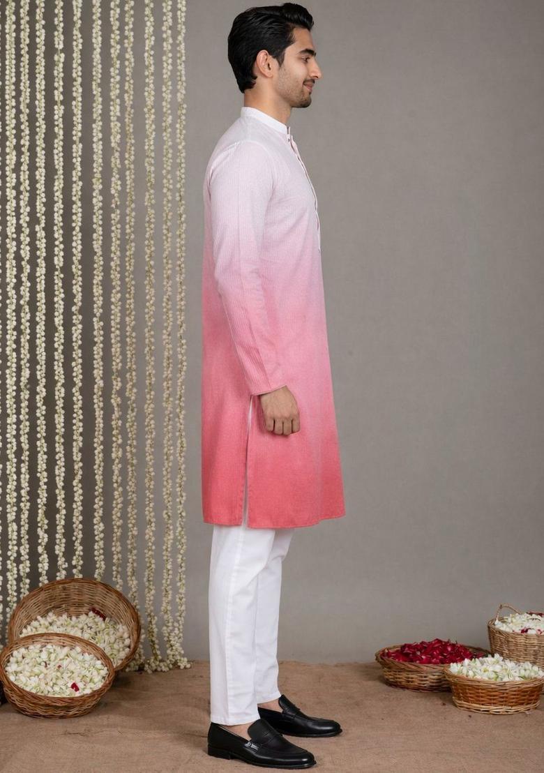Pink Dyed Cotton Kurta Set For Men - Indya