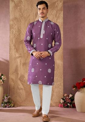 Purple Embroidered Cotton Kurta Set For Men