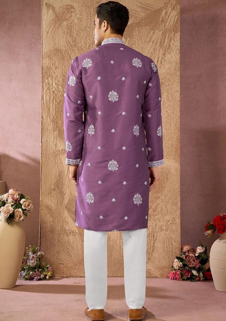 Purple Embroidered Cotton Kurta Set For Men - Indya