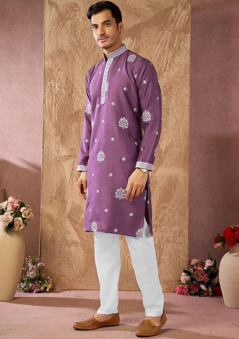 Purple Embroidered Cotton Kurta Set For Men - Indya