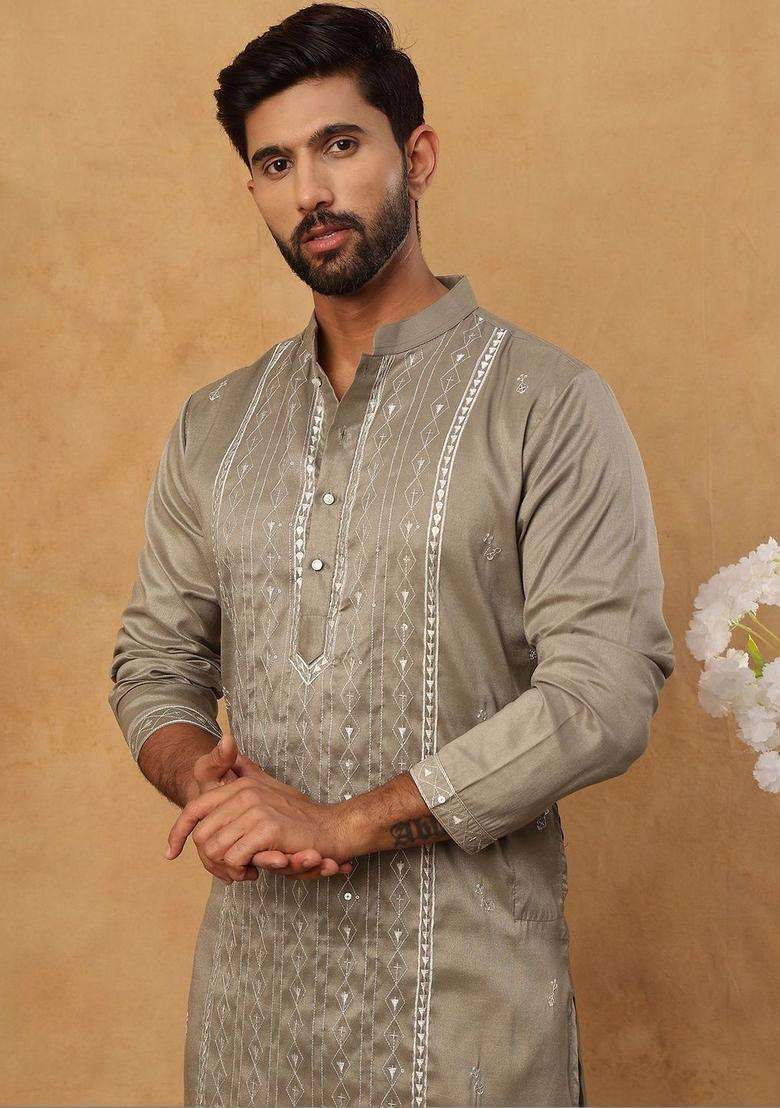 Grey Embroidered Silk Kurta Set For Men - Indya