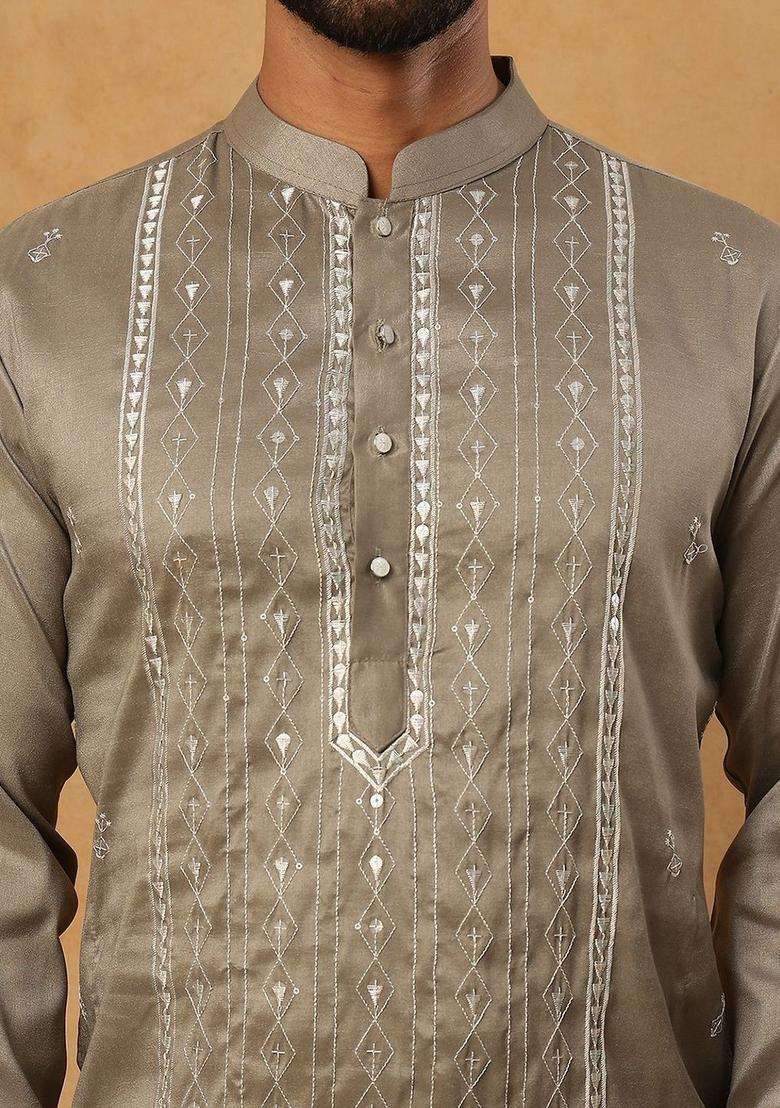 Grey Embroidered Silk Kurta Set For Men - Indya