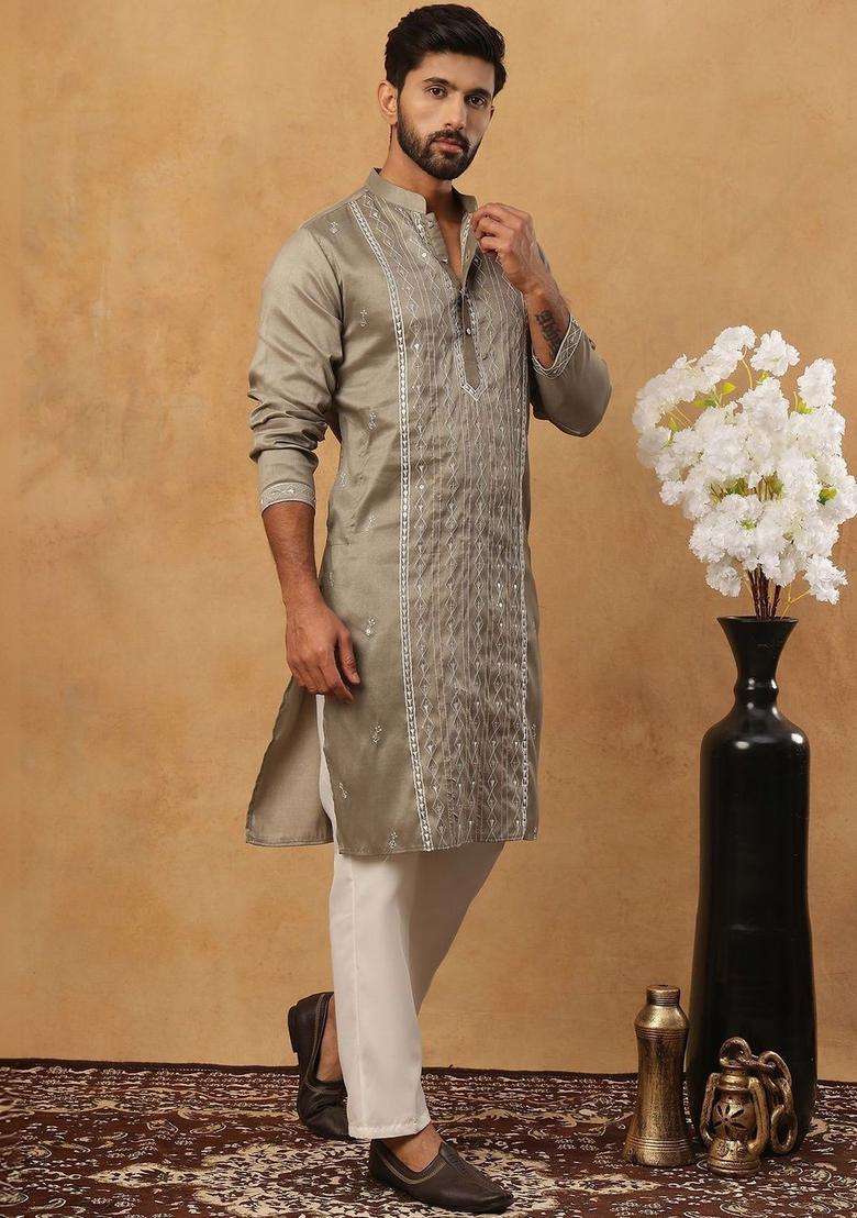 Grey Embroidered Silk Kurta Set For Men - Indya