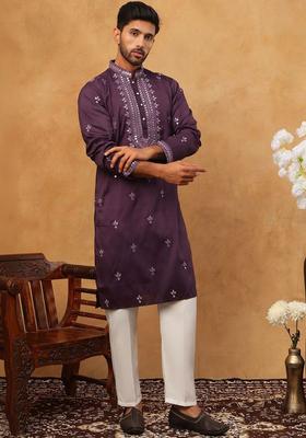 Purple Embroidered Silk Kurta Set For Men
