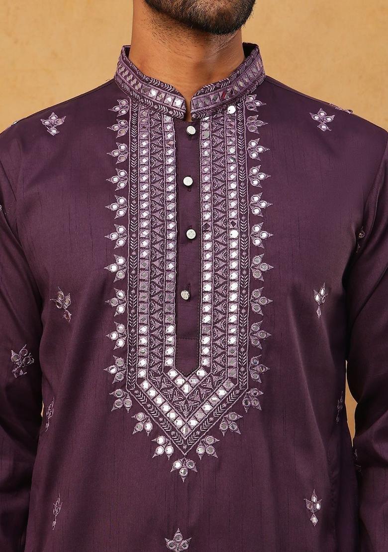 Purple Embroidered Silk Kurta Set For Men - Indya