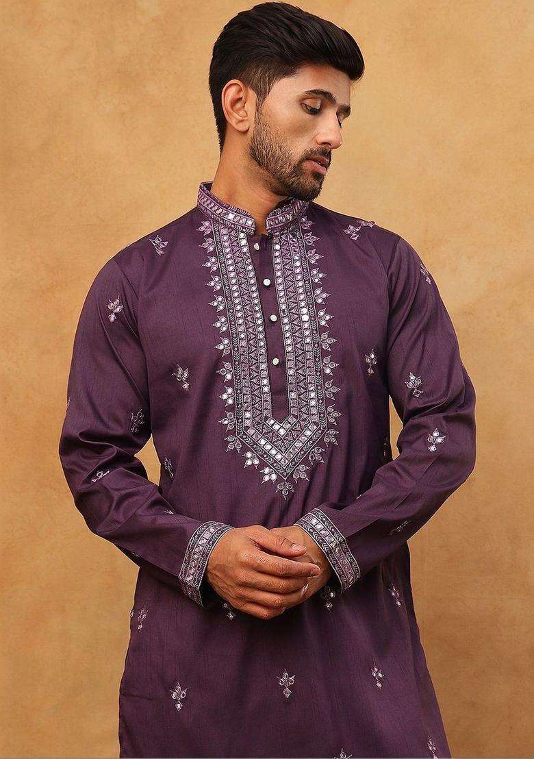 Purple Embroidered Silk Kurta Set For Men - Indya