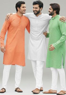 Green Self Design Cotton Kurta Set For Men