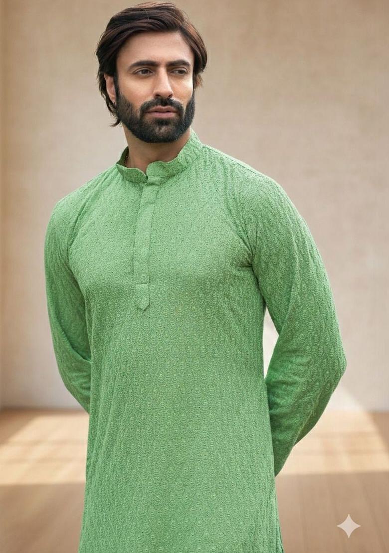 Green Self Design Cotton Kurta Set For Men - Indya