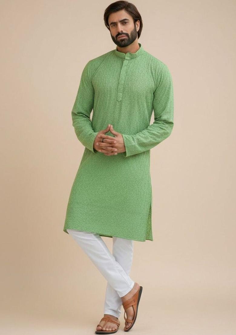 Green Self Design Cotton Kurta Set For Men - Indya