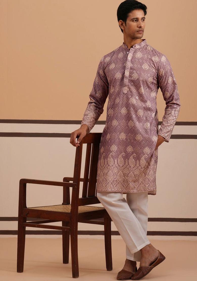Purple Woven Design Cotton Kurta Set For Men - Indya
