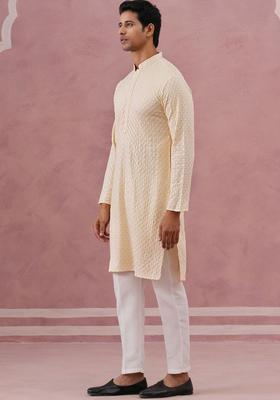 Beige Embroidered Viscose Kurta Set For Men
