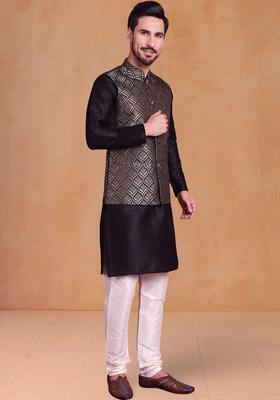 Black Woven Design Silk Kurta Set For Men