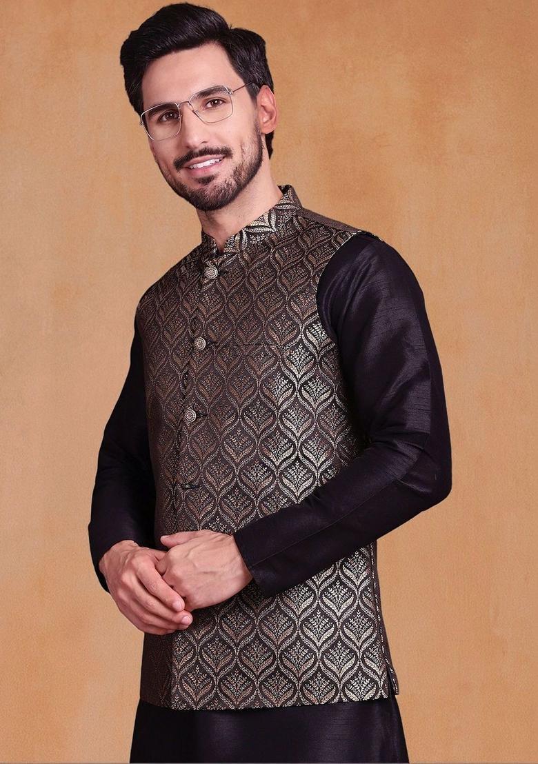 Black Woven Design Silk Kurta Set For Men - Indya