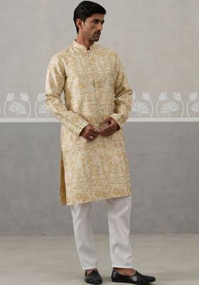 Beige Printed Silk Blend Kurta Set For Men